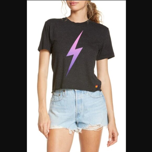Aviator Nation Bolt & Logo Fade Boyfriend Tee Dark Grey Pink Purple M NWOT - Picture 1 of 7
